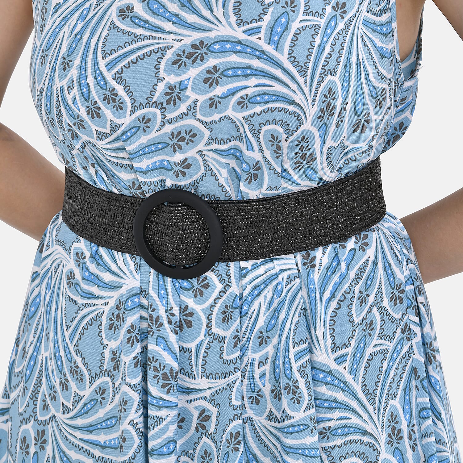 Tamsy 100% Viscose Floral Printed Umbrella Dress with Elasticated Belt (One Size - 8 to 18) - Green, White With Black Belt