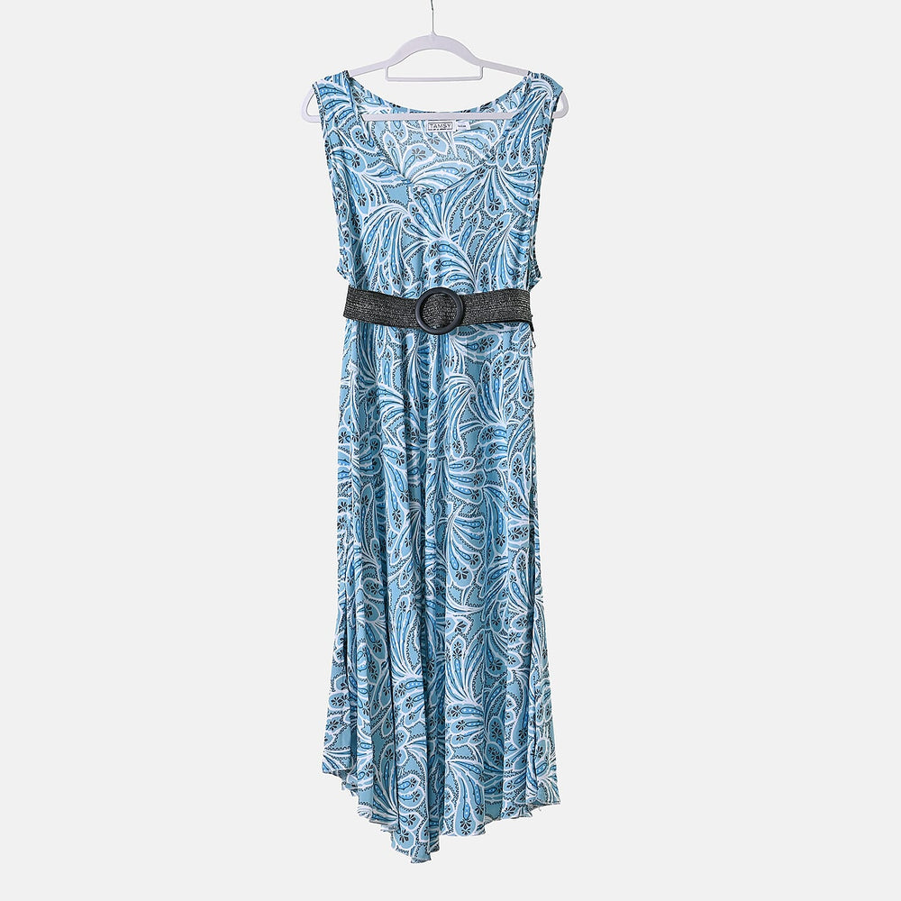 Tamsy 100% Viscose Floral Printed Umbrella Dress with Elasticated Belt (One Size - 8 to 18) - Green, White With Black Belt