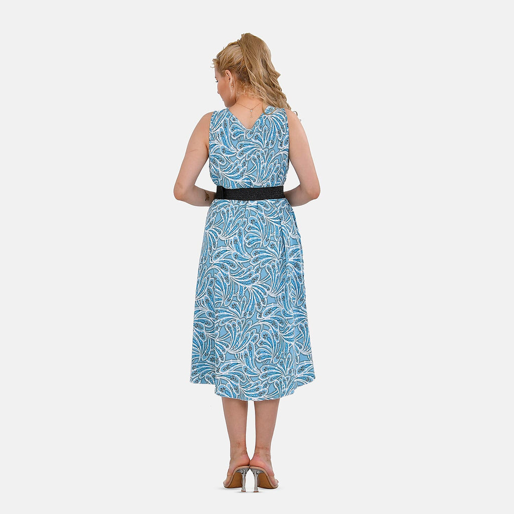 TAMSY 100% Viscose Floral Printed Umbrella Dress with Elasticated Belt (Curve Size - 20 to 26) - Green - White