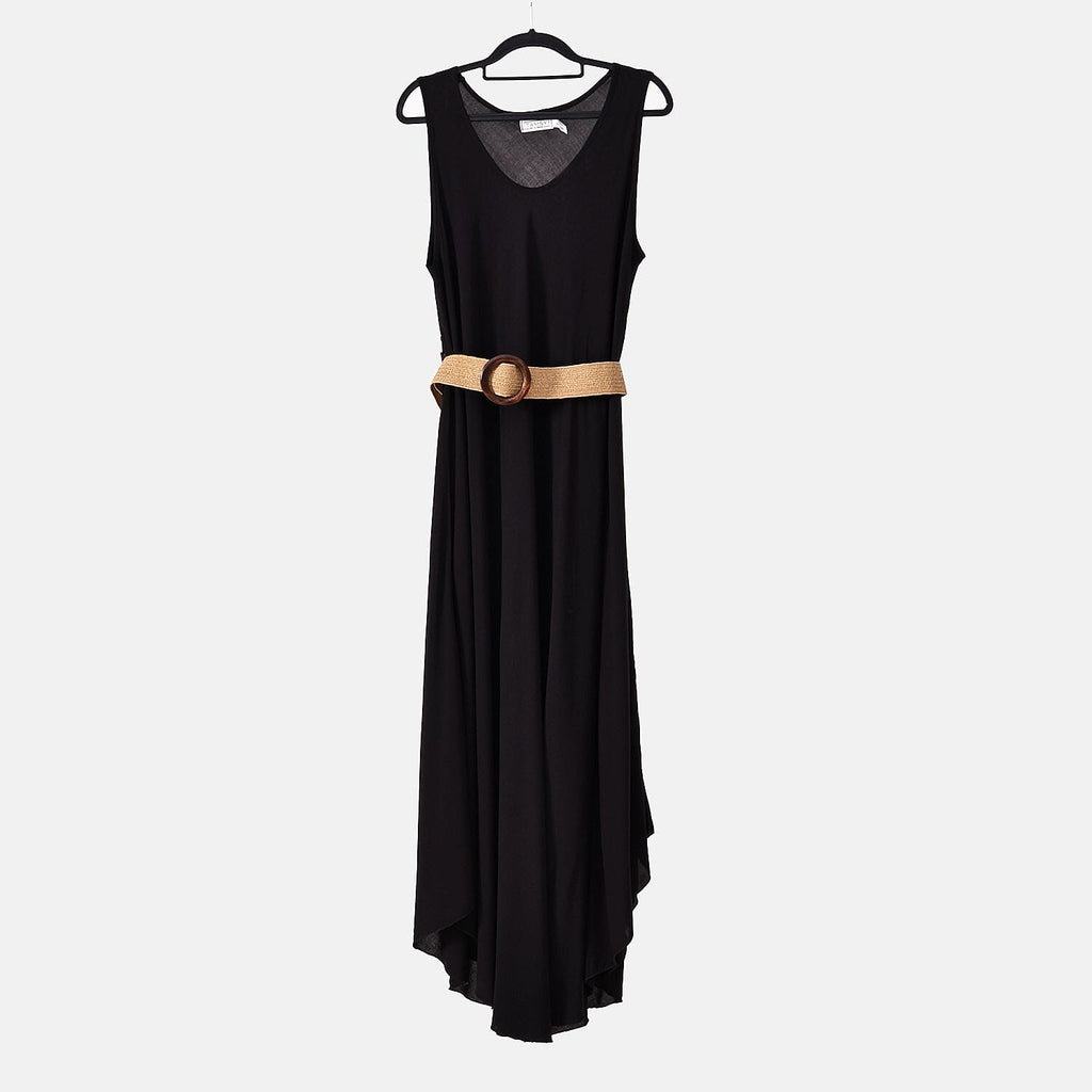 Tamsy Printed Umbrella Dress with Elastic Belt (One Size) - Black