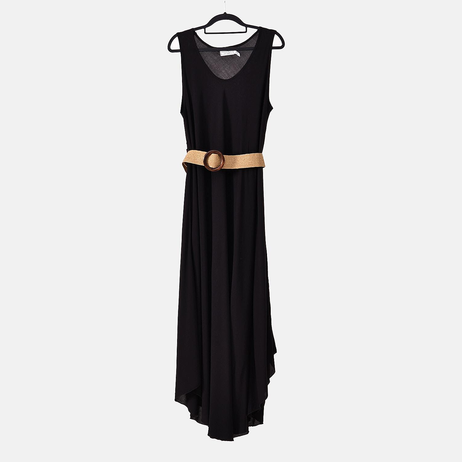 Tamsy Printed Umbrella Dress with Elastic Belt (One Size) - Black