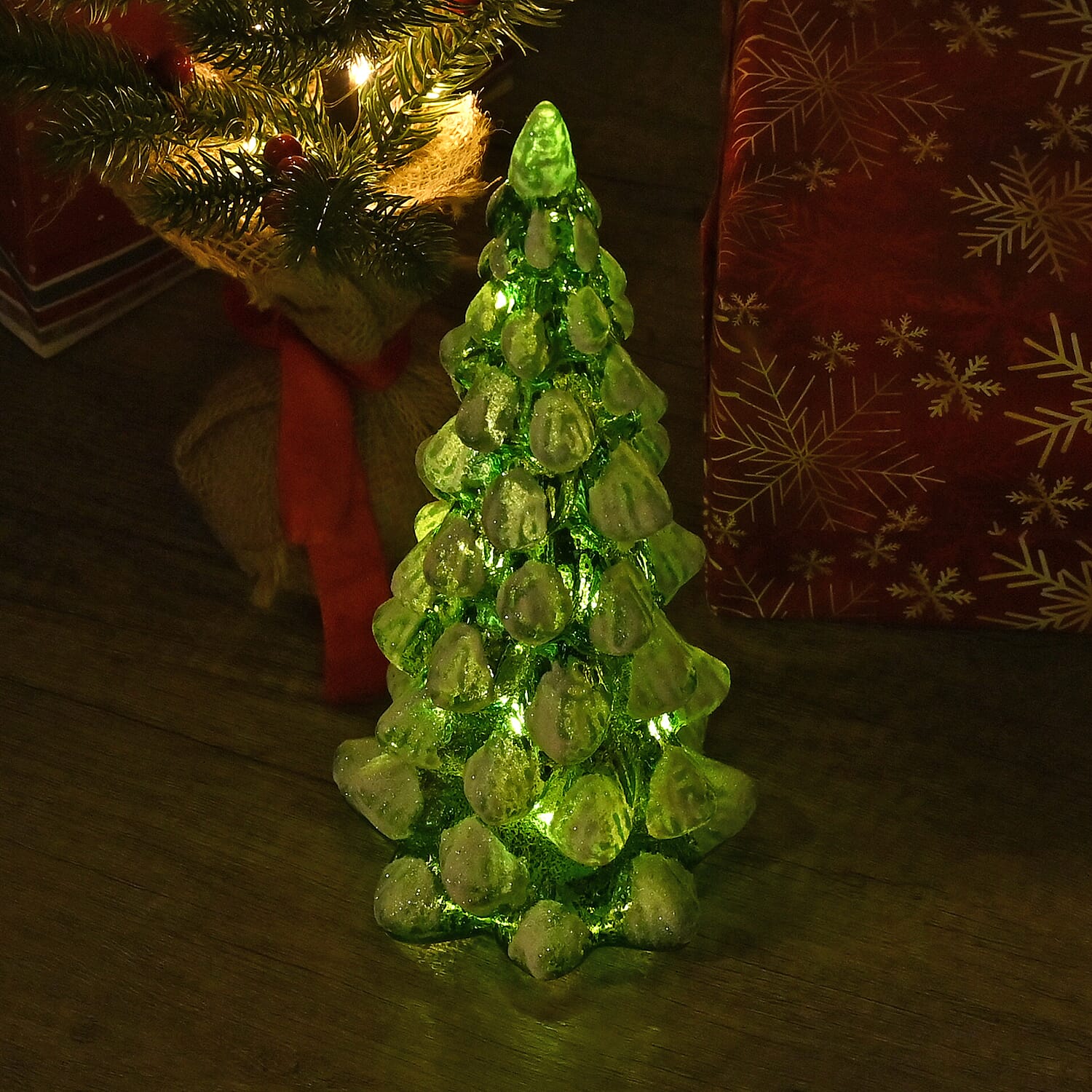Tapered Glass LED Lighted Conical Christmas Tree With Electroplating Thread (Battery - CR2032X2, Incl.) - Green - White
