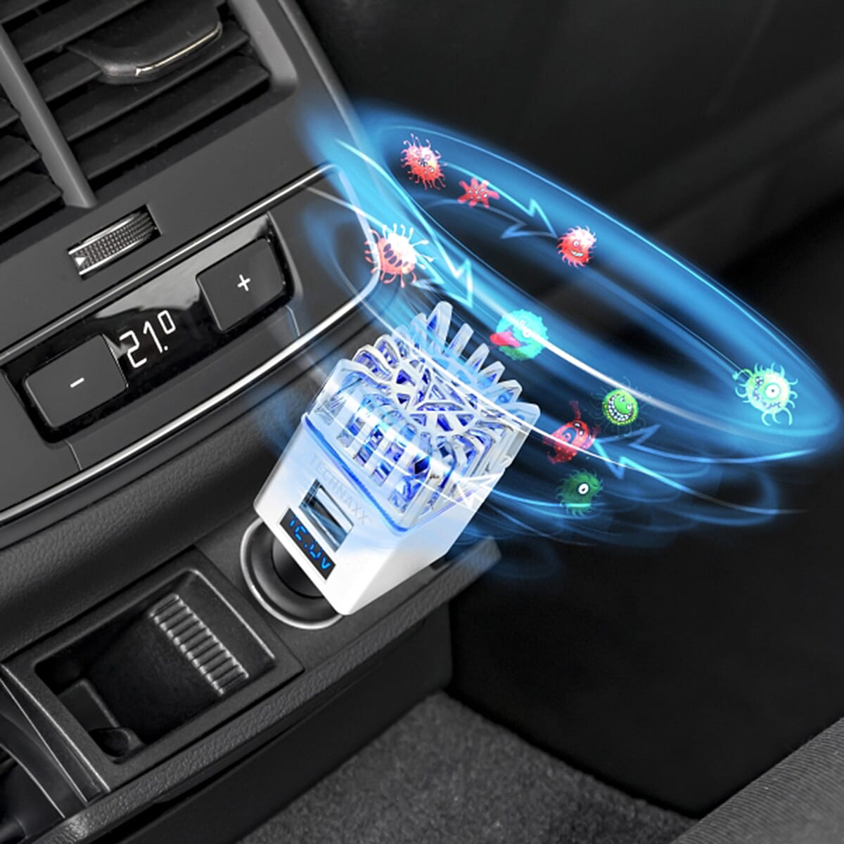 Technaxx Car Air Purifier for 12-24V Cigarette Lighter with 2x USB - Silver