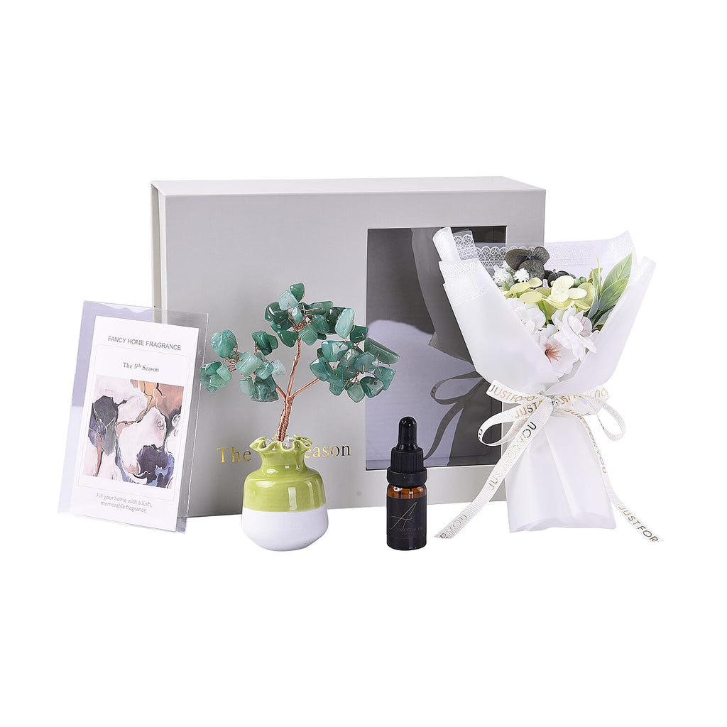 Close Out Deal - Gemstone Tree in Porcelain Vase with 10ml Essential Oil and Artificial Bouquet in Gift Box - Green Aventurine