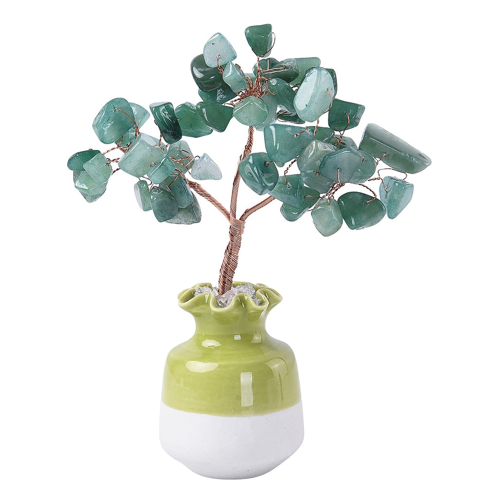 Close Out Deal - Gemstone Tree in Porcelain Vase with 10ml Essential Oil and Artificial Bouquet in Gift Box - Green Aventurine