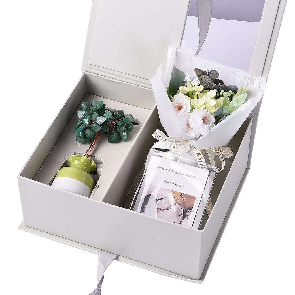 Close Out Deal - Gemstone Tree in Porcelain Vase with 10ml Essential Oil and Artificial Bouquet in Gift Box - Green Aventurine