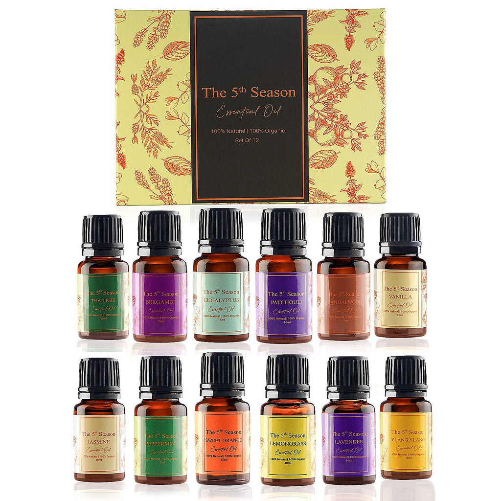 5th Season - Set of 12 Essential Oils - 10 ml Each (Natural Lavender, Eucalyptus, Lemongrass, Tea tree, Sweet Orange, Peppermint, Bergamot, Vanilla, Patchouli, Ylang Ylang, Jasmine & Sandalwood)