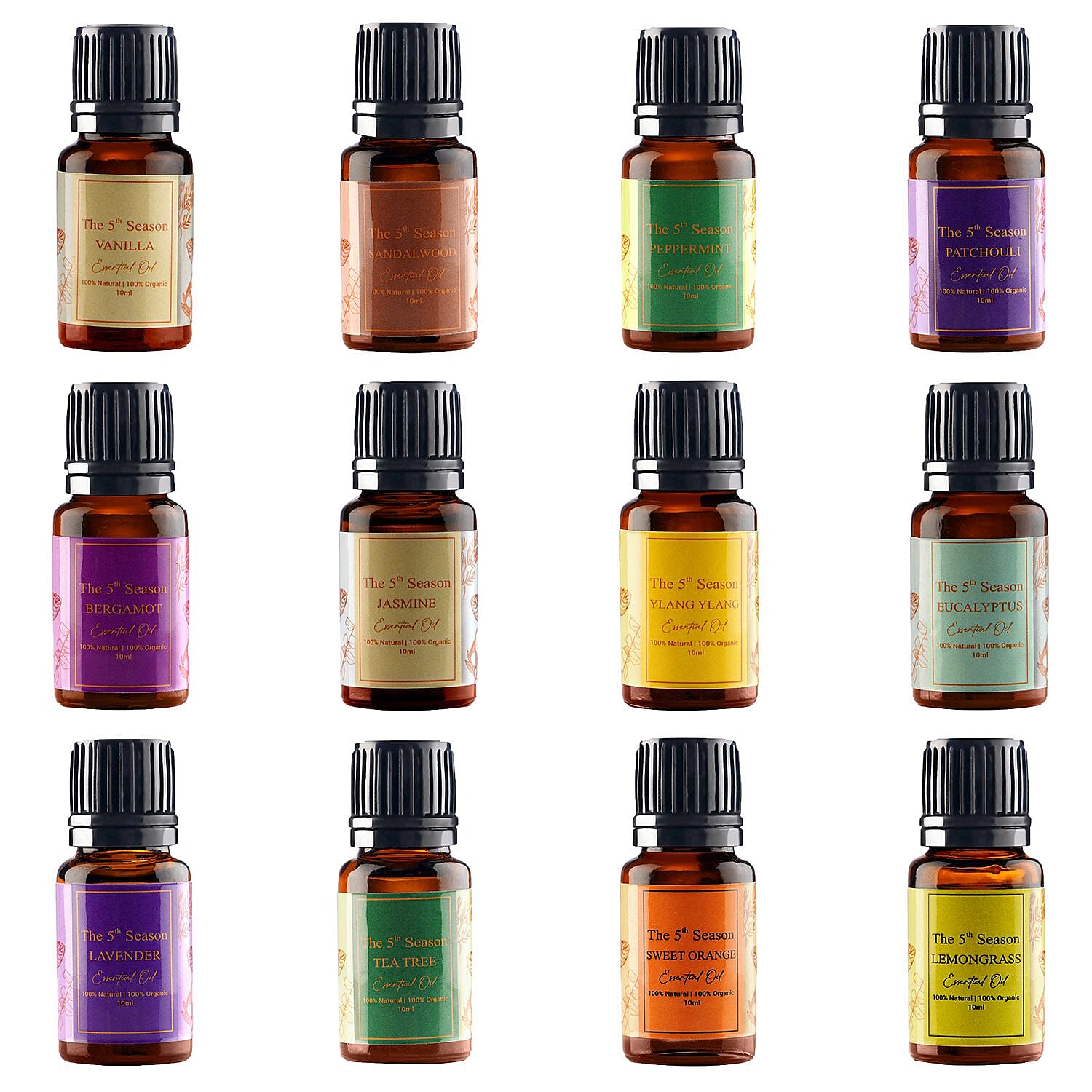 5th Season - Set of 12 Essential Oils - 10 ml Each (Natural Lavender, Eucalyptus, Lemongrass, Tea tree, Sweet Orange, Peppermint, Bergamot, Vanilla, Patchouli, Ylang Ylang, Jasmine & Sandalwood)