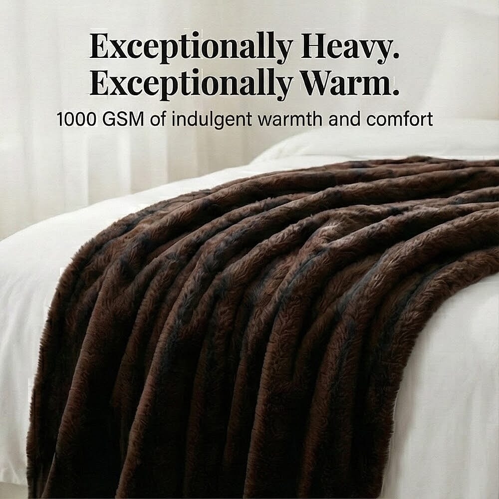 The Heaviest Weight Blanket at TJC - 1000 GSM Sumptuous Faux Rabbit Fur Double Layer Blanket With Thermal Lining Faux Mink Backing For Insulation (180x150 Cm) - Brown