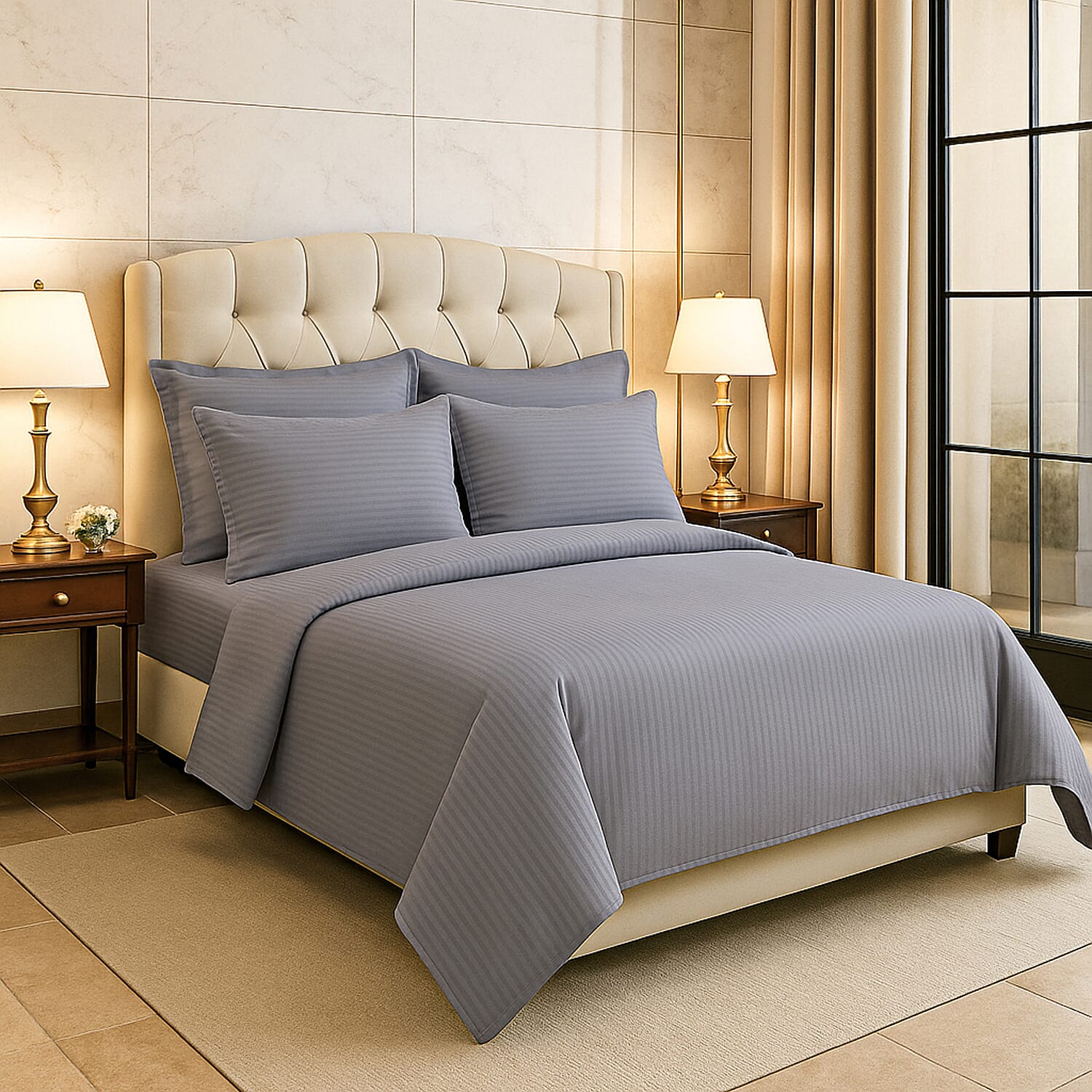 The Luxe Collection - 6 Piece Cotton Vertical Satin Stripe Duvet Cover Set - Inc. 1 Duvet