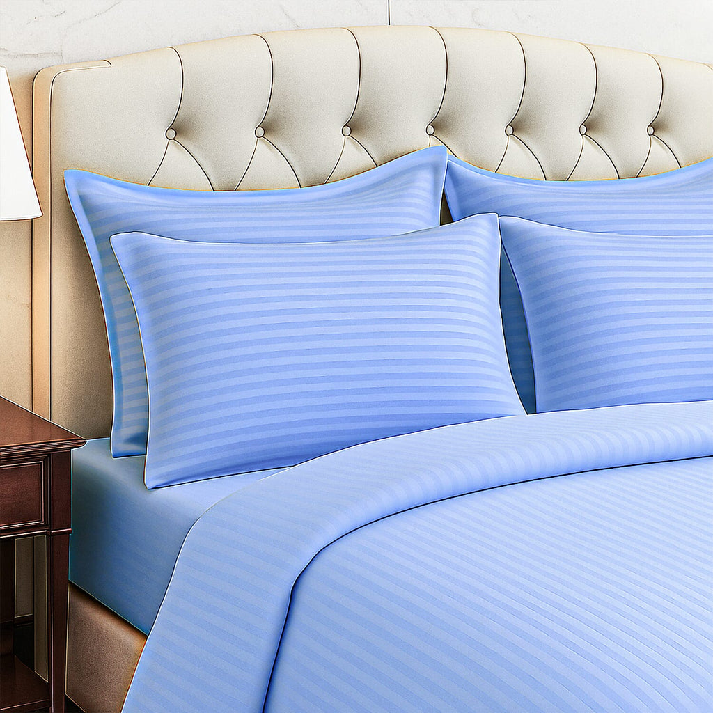The Luxe Collection - 6 Piece Cotton Vertical Satin Stripe Duvet Cover Set - Inc. 1 Duvet Cover, 1 Fitted Sheet with 2 Housewife & 2 Oxford Pillowcases (King) - Light Blue