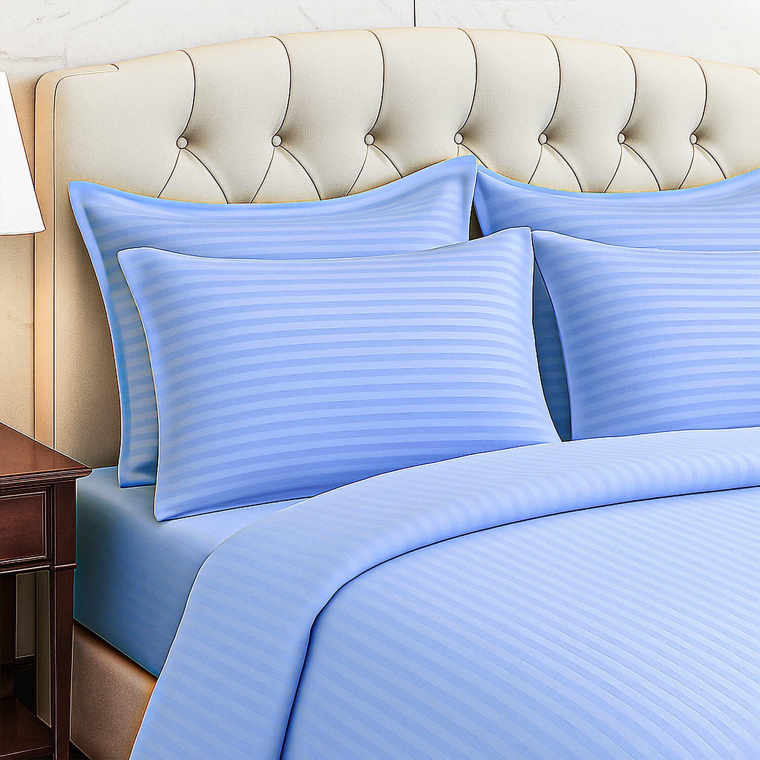 The Luxe Collection - 6 Piece Cotton Vertical Satin Stripe Duvet Cover Set - Inc. 1 Duvet Cover, 1 Fitted Sheet with 2 Housewife & 2 Oxford Pillowcases (King) - Light Blue