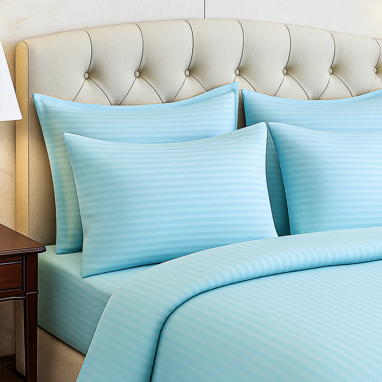 The Luxe Collection - 6 Piece Cotton Vertical Satin Stripe Duvet Cover Set - Inc. 1 Duvet Cover, 1 Fitted Sheet with 2 Housewife & 2 Oxford Pillowcases (King) - Aqua