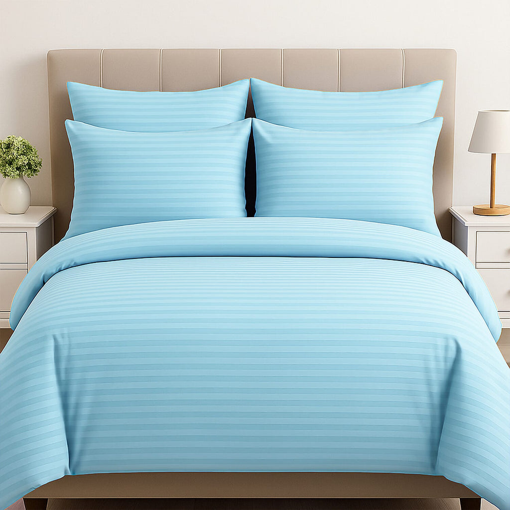 The Luxe Collection - 6 Piece Cotton Vertical Satin Stripe Duvet Cover Set - Inc. 1 Duvet Cover, 1 Fitted Sheet with 2 Housewife & 2 Oxford Pillowcases (King) - Aqua