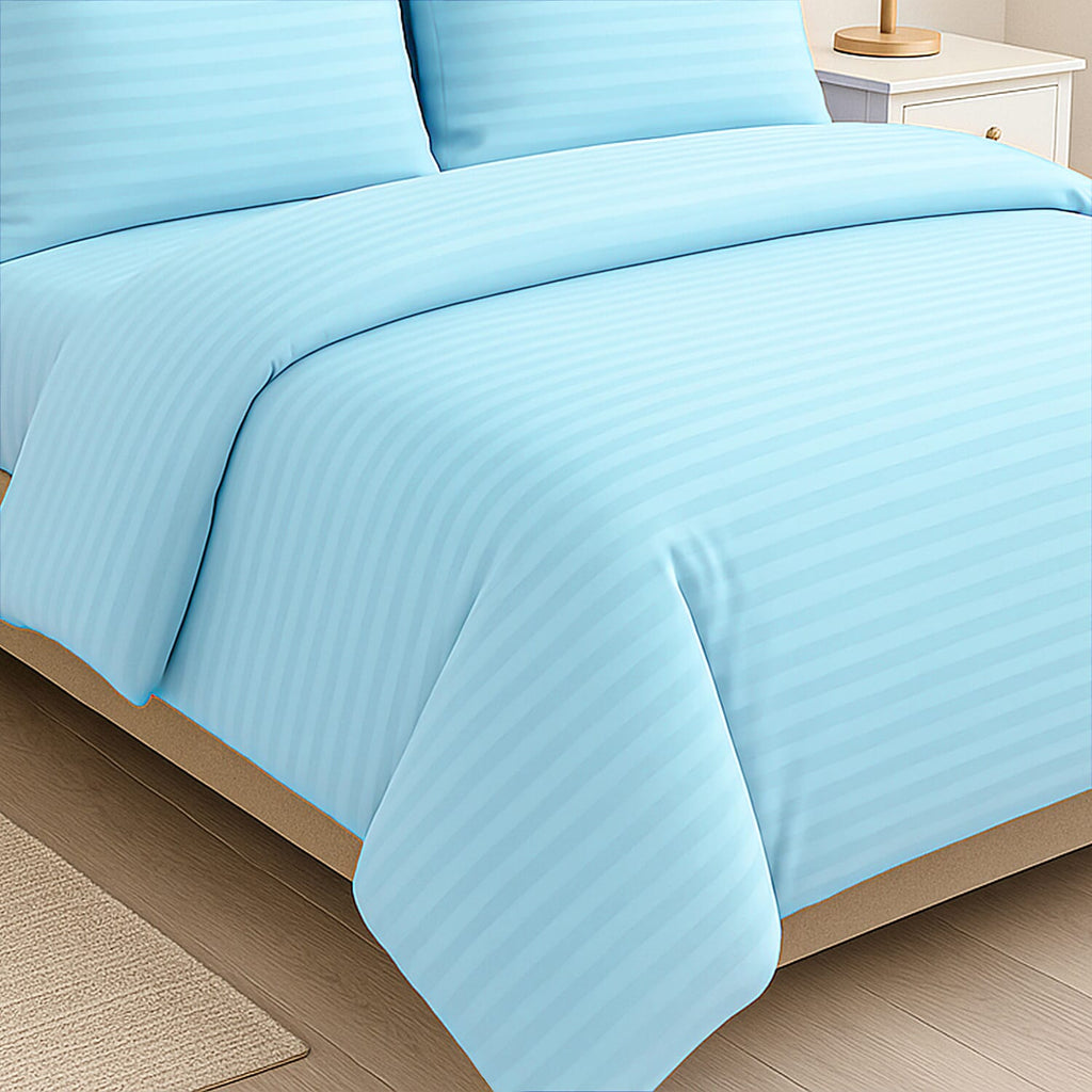 The Luxe Collection - 6 Piece Cotton Vertical Satin Stripe Duvet Cover Set - Inc. 1 Duvet Cover, 1 Fitted Sheet with 2 Housewife & 2 Oxford Pillowcases (King) - Aqua