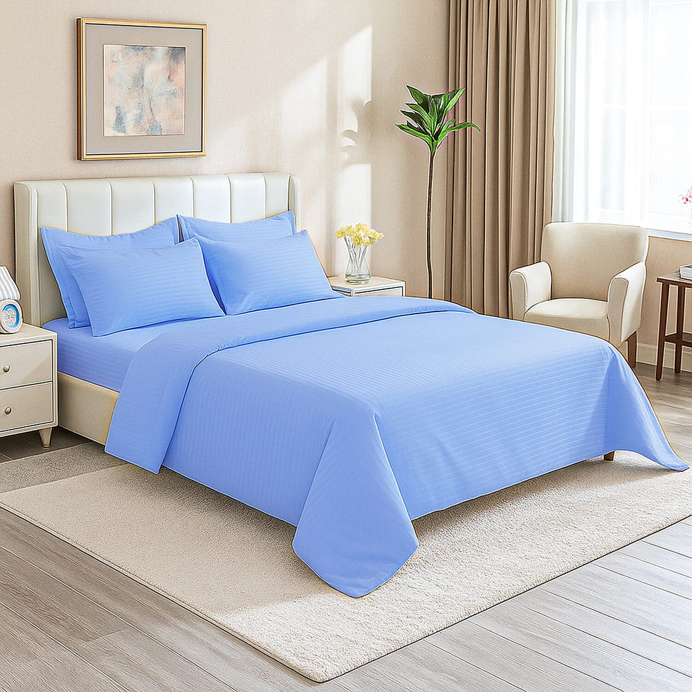 The Luxe Collection - 6 Piece Cotton Vertical Satin Stripe Duvet Cover Set - Inc. 1 Duvet Cover, 1 Fitted Sheet with 2 Housewife & 2 Oxford Pillowcases (Double) - Light Blue