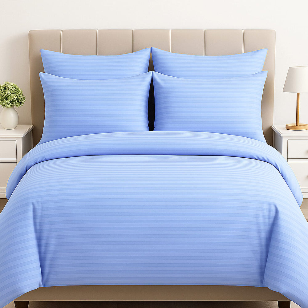 The Luxe Collection - 6 Piece Cotton Vertical Satin Stripe Duvet Cover Set - Inc. 1 Duvet Cover, 1 Fitted Sheet with 2 Housewife & 2 Oxford Pillowcases (Double) - Light Blue