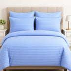 The Luxe Collection - 6 Piece Cotton Vertical Satin Stripe Duvet Cover Set - Inc. 1 Duvet Cover, 1 Fitted Sheet with 2 Housewife & 2 Oxford Pillowcases (Double) - Light Blue