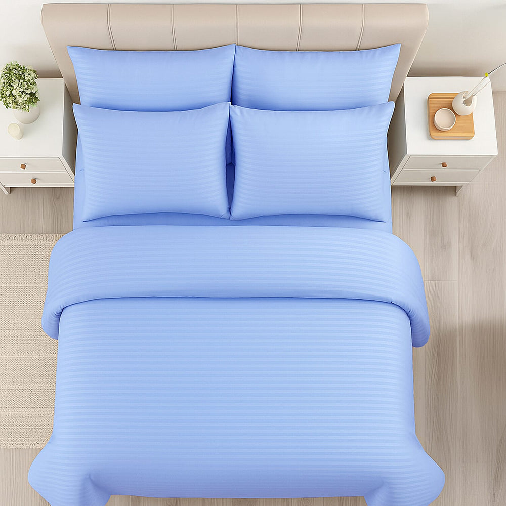 The Luxe Collection - 6 Piece Cotton Vertical Satin Stripe Duvet Cover Set - Inc. 1 Duvet Cover, 1 Fitted Sheet with 2 Housewife & 2 Oxford Pillowcases (Double) - Light Blue