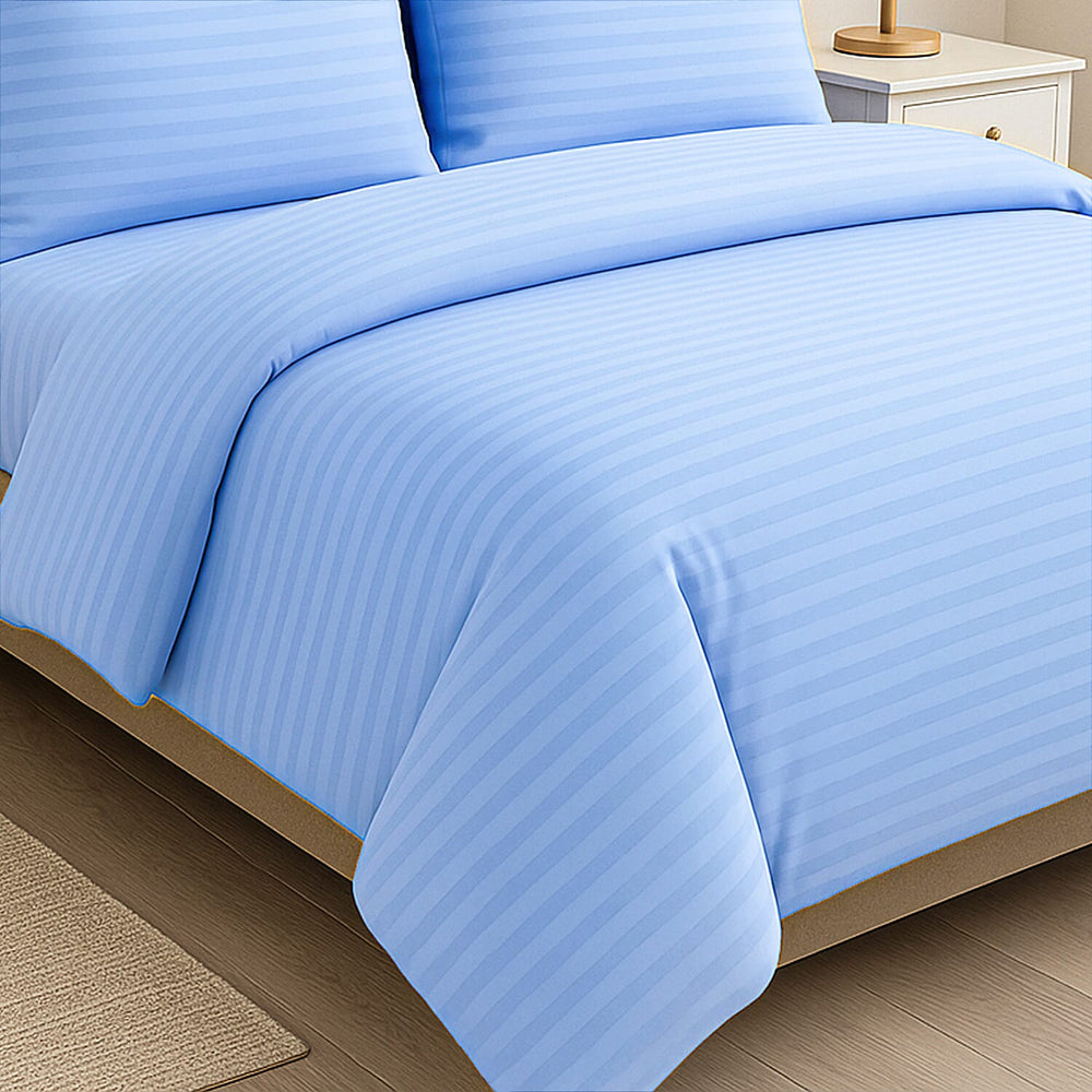 The Luxe Collection - 6 Piece Cotton Vertical Satin Stripe Duvet Cover Set - Inc. 1 Duvet Cover, 1 Fitted Sheet with 2 Housewife & 2 Oxford Pillowcases (Double) - Light Blue