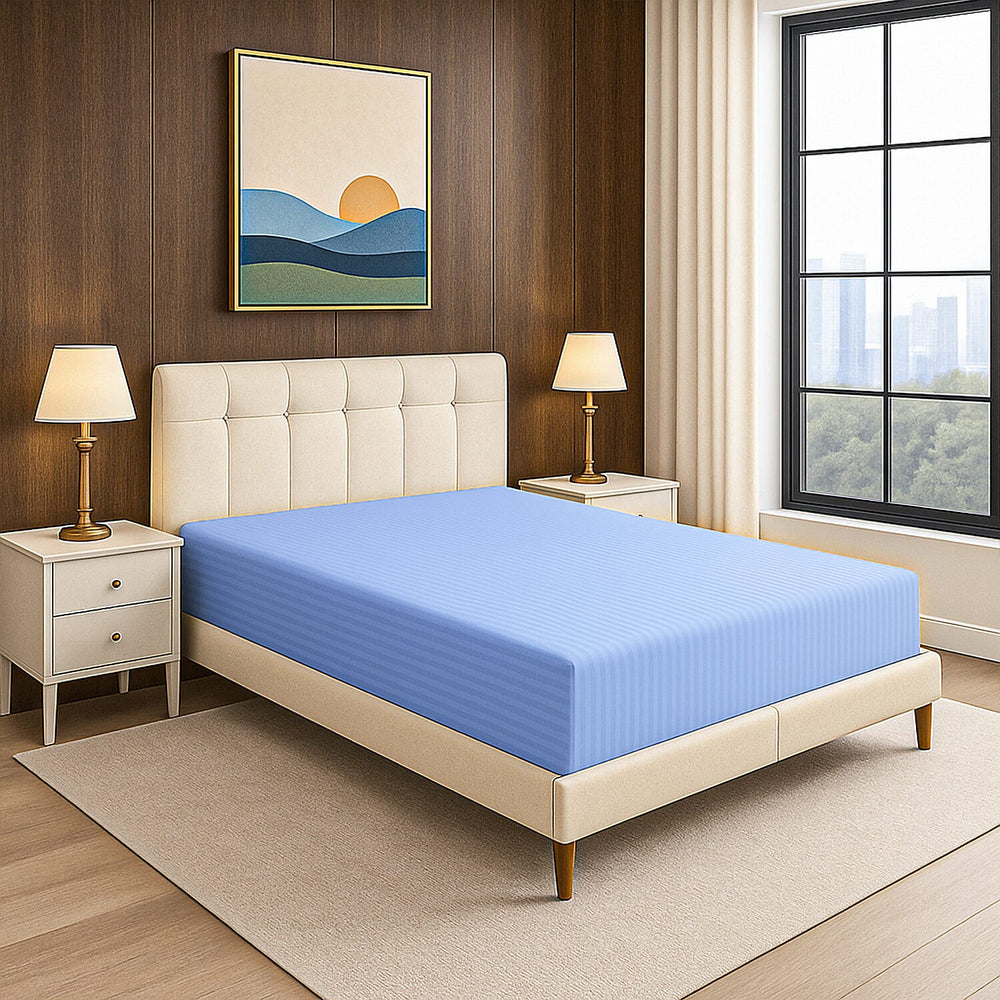 The Luxe Collection - 6 Piece Cotton Vertical Satin Stripe Duvet Cover Set - Inc. 1 Duvet Cover, 1 Fitted Sheet with 2 Housewife & 2 Oxford Pillowcases (Double) - Light Blue