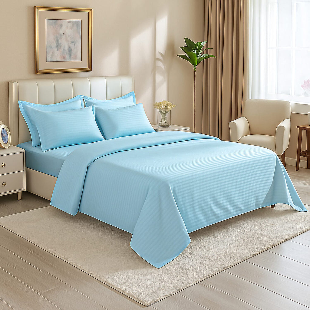 The Luxe Collection - 6 Piece Cotton Vertical Satin Stripe Duvet Cover Set - Inc. 1 Duvet Cover, 1 Fitted Sheet with 2 Housewife & 2 Oxford Pillowcases (Double) - Aqua