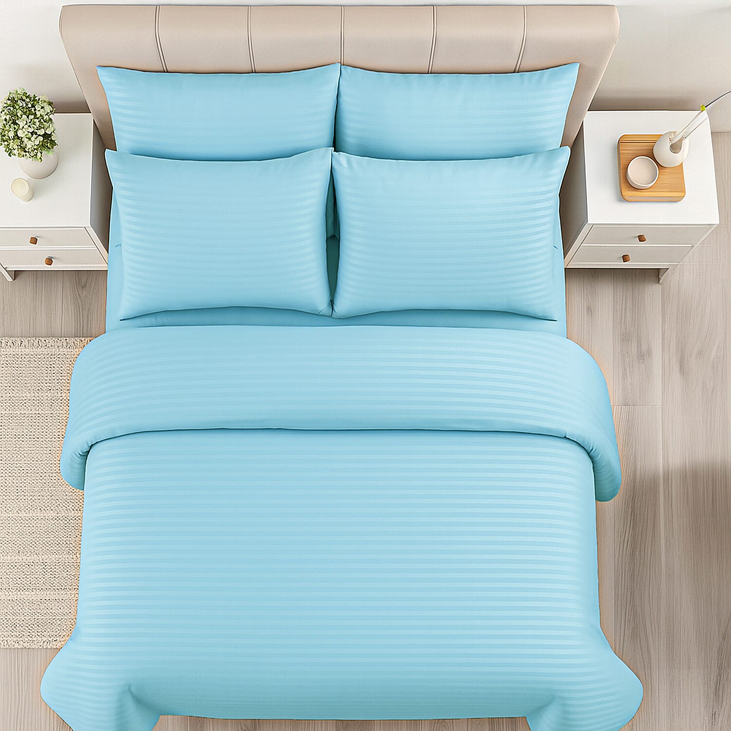 The Luxe Collection - 6 Piece Cotton Vertical Satin Stripe Duvet Cover Set - Inc. 1 Duvet Cover, 1 Fitted Sheet with 2 Housewife & 2 Oxford Pillowcases (Double) - Aqua