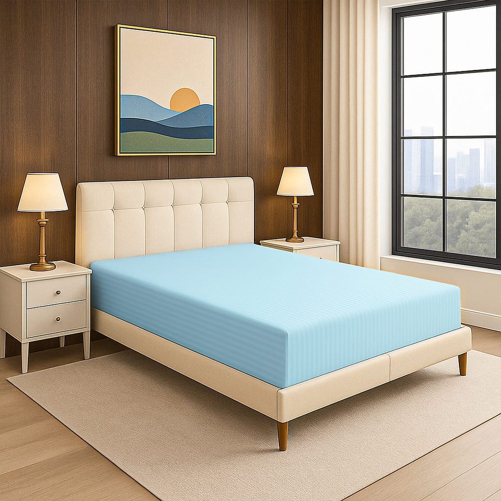 The Luxe Collection - 6 Piece Cotton Vertical Satin Stripe Duvet Cover Set - Inc. 1 Duvet Cover, 1 Fitted Sheet with 2 Housewife & 2 Oxford Pillowcases (Double) - Aqua