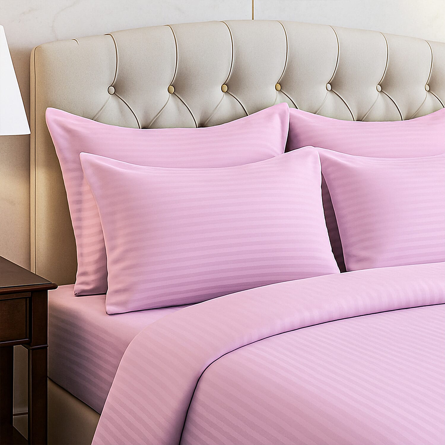 The Luxe Collection - 6 Piece Cotton Vertical Satin Stripe Duvet Cover Set - Inc. 1 Duvet Cover, 1 Fitted Sheet with 2 Housewife & 2 Oxford Pillowcases (Double) - Pink