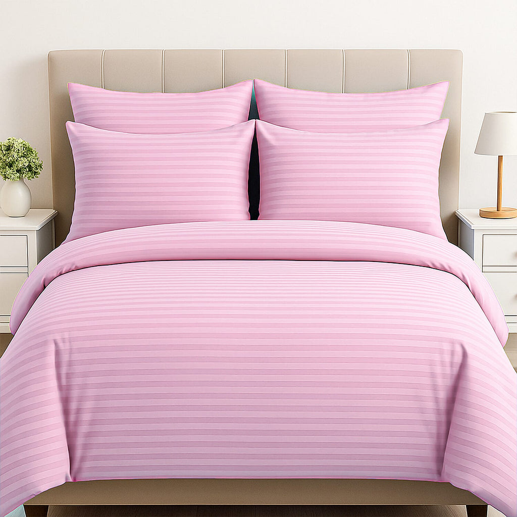 The Luxe Collection - 6 Piece Cotton Vertical Satin Stripe Duvet Cover Set - Inc. 1 Duvet Cover, 1 Fitted Sheet with 2 Housewife & 2 Oxford Pillowcases (Double) - Pink