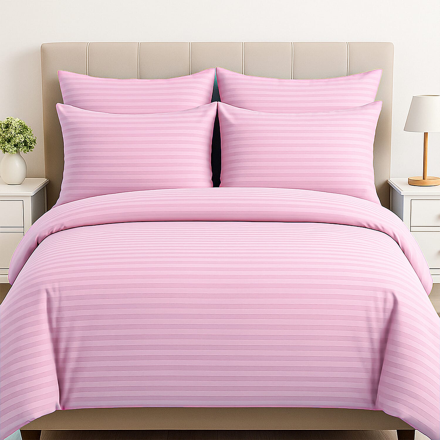 The Luxe Collection - 6 Piece Cotton Vertical Satin Stripe Duvet Cover Set - Inc. 1 Duvet Cover, 1 Fitted Sheet with 2 Housewife & 2 Oxford Pillowcases (Double) - Pink