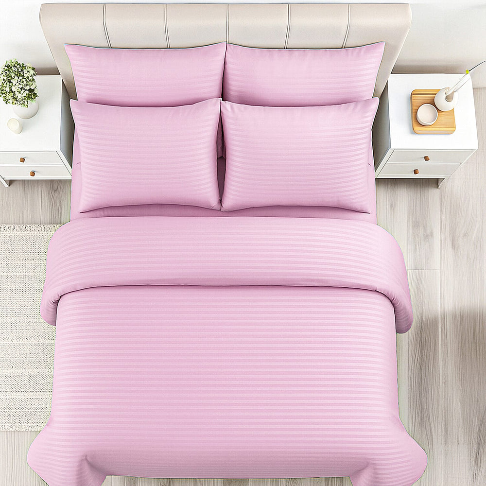 The Luxe Collection - 6 Piece Cotton Vertical Satin Stripe Duvet Cover Set - Inc. 1 Duvet Cover, 1 Fitted Sheet with 2 Housewife & 2 Oxford Pillowcases (Double) - Pink