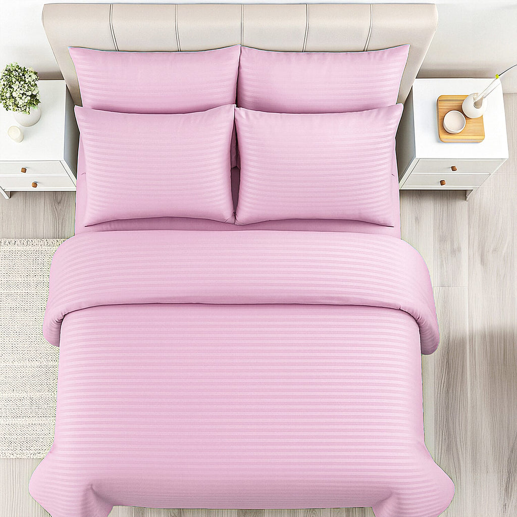 The Luxe Collection - 6 Piece Cotton Vertical Satin Stripe Duvet Cover Set - Inc. 1 Duvet Cover, 1 Fitted Sheet with 2 Housewife & 2 Oxford Pillowcases (Double) - Pink