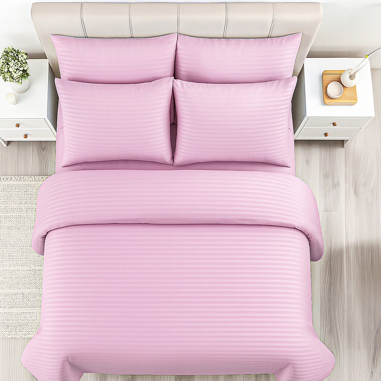 The Luxe Collection - 6 Piece Cotton Vertical Satin Stripe Duvet Cover Set - Inc. 1 Duvet Cover, 1 Fitted Sheet with 2 Housewife & 2 Oxford Pillowcases (Double) - Pink