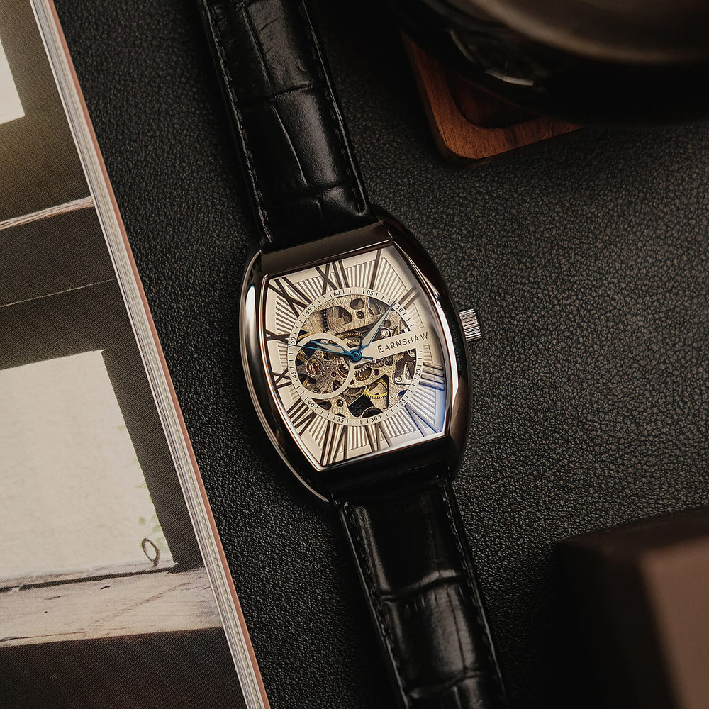Thomas Earnshaw Automatic Movt. Silver White Dial 5ATM Water Resistance Mens Watch with Genuine Leather Strap