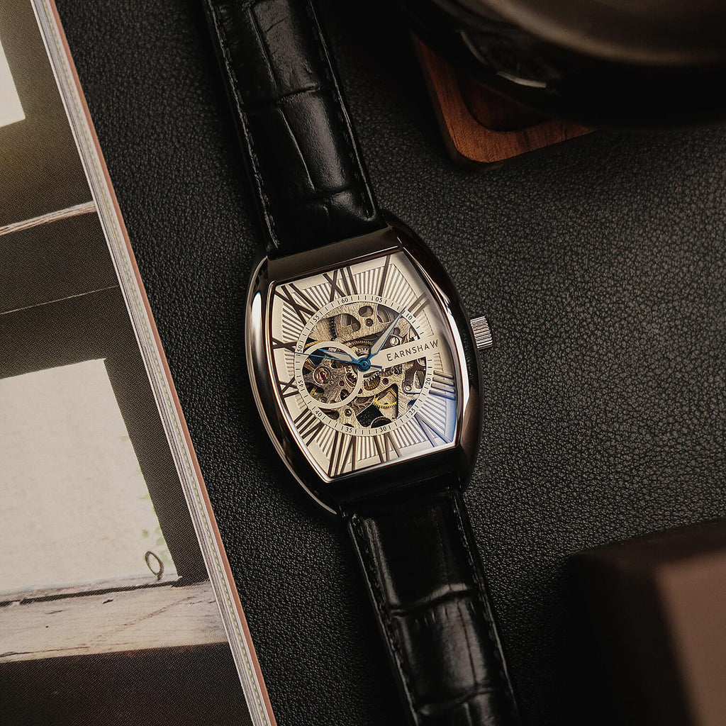 Thomas Earnshaw Automatic Movt. Silver White Dial 5ATM Water Resistance Mens Watch with Genuine Leather Strap
