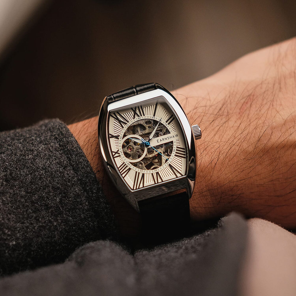 Thomas Earnshaw Automatic Movt. Silver White Dial 5ATM Water Resistance Mens Watch with Genuine Leather Strap