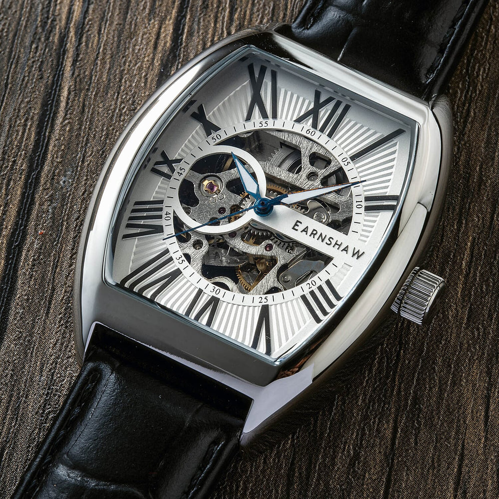 Thomas Earnshaw Automatic Movt. Silver White Dial 5ATM Water Resistance Mens Watch with Genuine Leather Strap