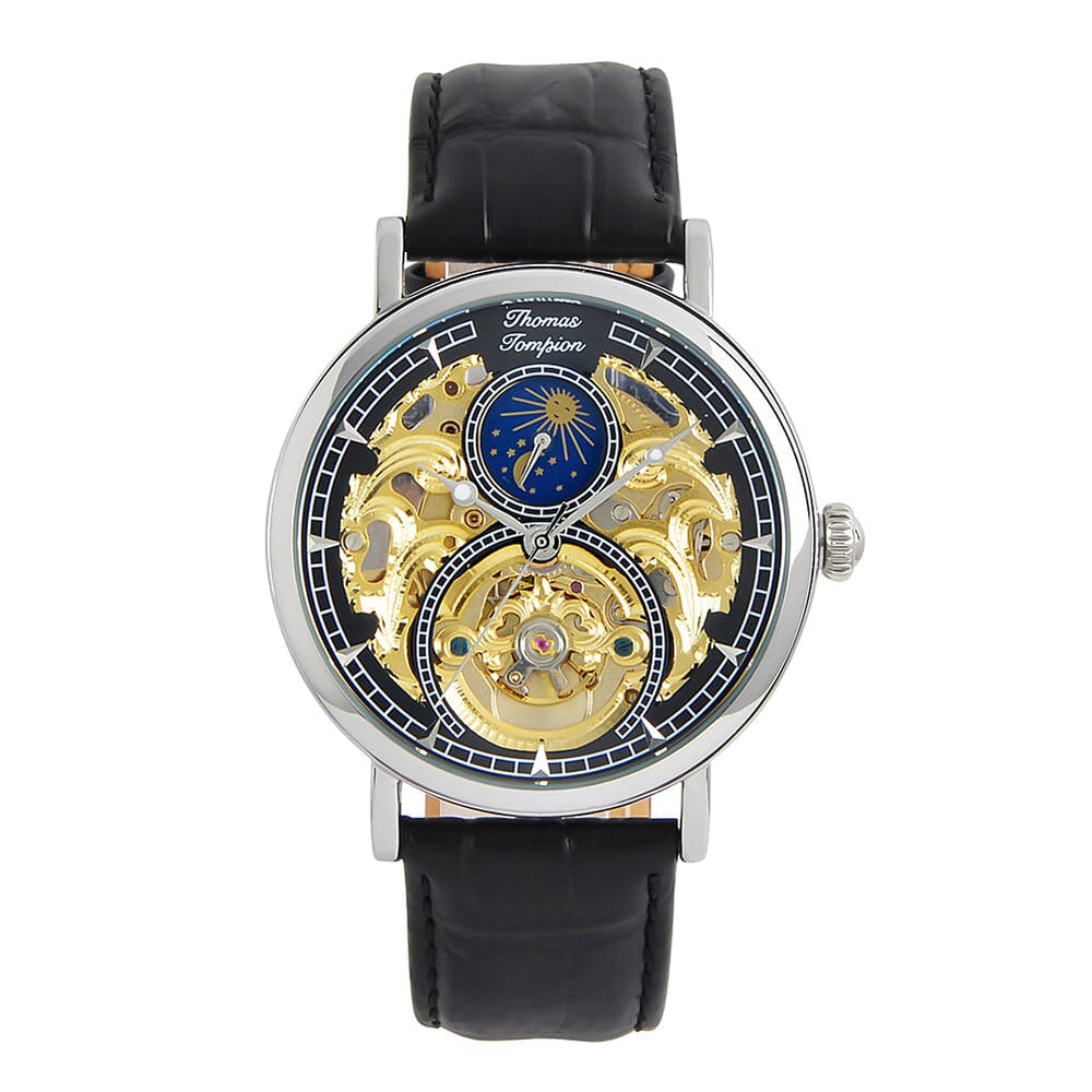 Thomas Tompion Observatory Automatic Movt. 3ATM WR Gold Skeleton Dial Mens Watch with Black Leather Strap