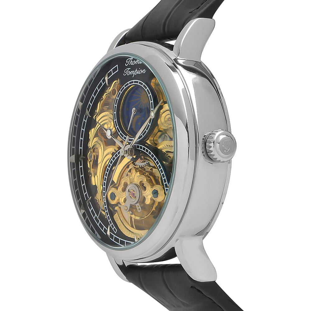 Thomas Tompion Observatory Automatic Movt. 3ATM WR Gold Skeleton Dial Mens Watch with Black Leather Strap