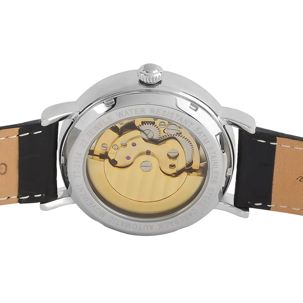 Thomas Tompion Observatory Automatic Movt. 3ATM WR Gold Skeleton Dial Mens Watch with Black Leather Strap