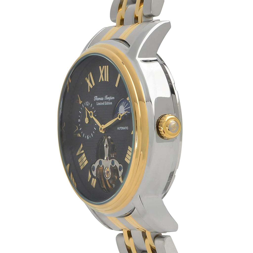 Thomas Tompion Automatic Movt. 3ATM WR Black Dial with Gold Colour Top Ring Mens Watch with Two Tone Stainless Steel Strap