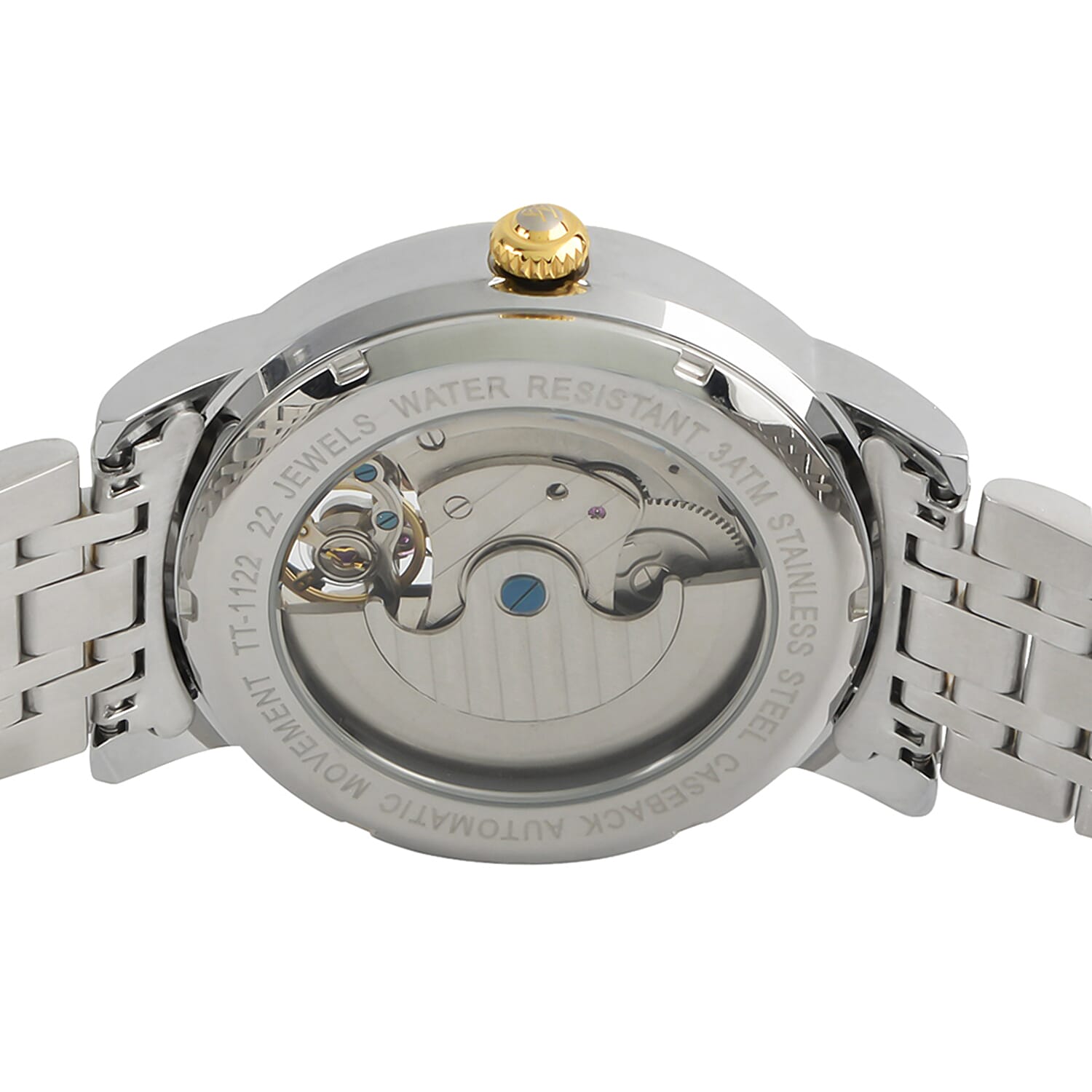 Thomas Tompion Automatic Movt. 3ATM WR Black Dial with Gold Colour Top Ring Mens Watch with Two Tone Stainless Steel Strap