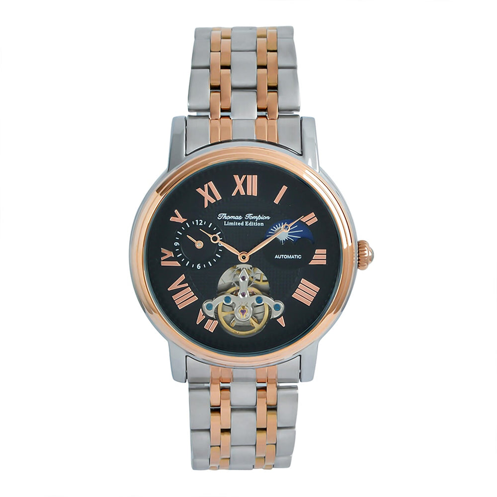 Thomas Tompion Automatic Movt. 3ATM WR Black Dial with Rose Gold Top Ring Mens Watch with Two Tone Stainless Steel Strap