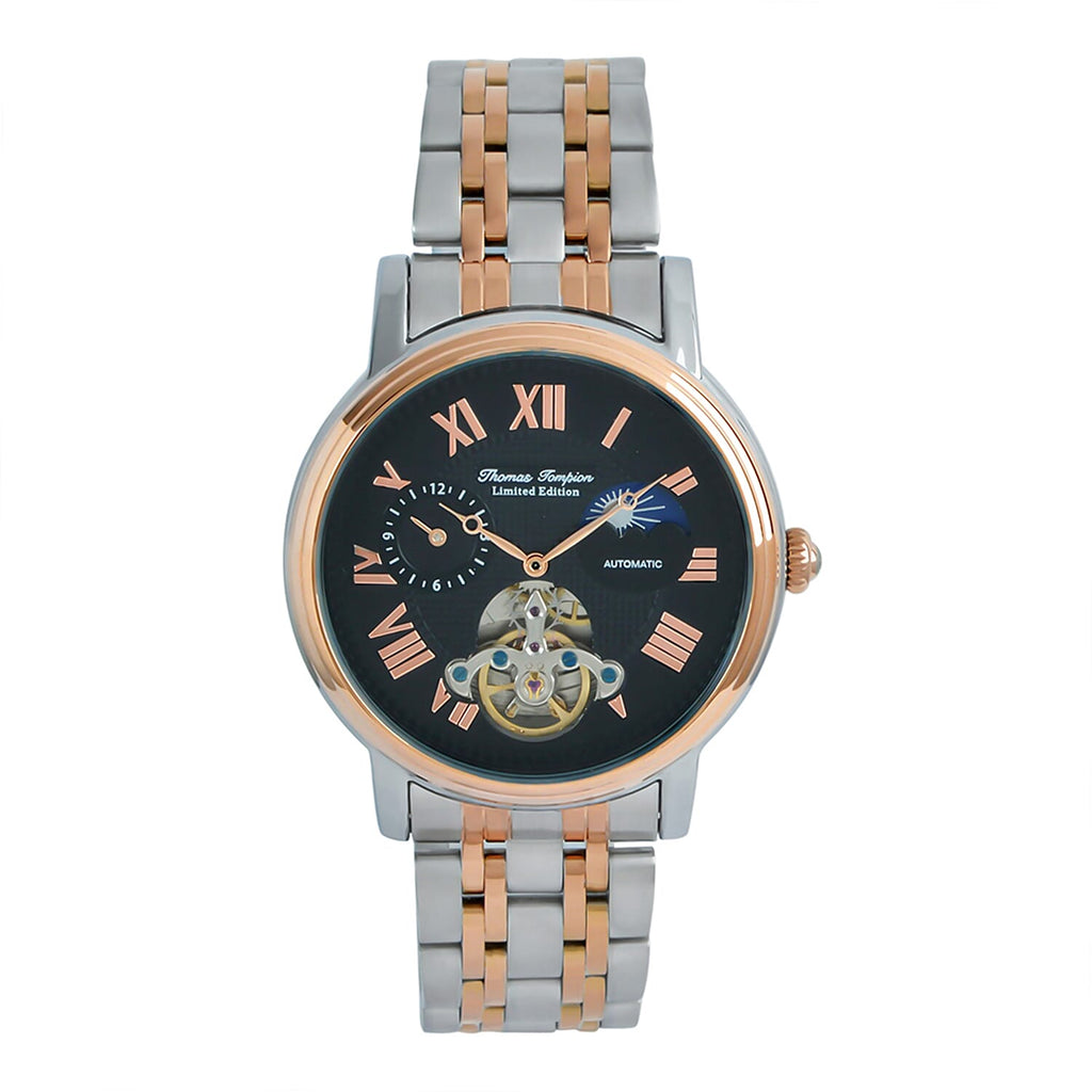 Thomas Tompion Automatic Movt. 3ATM WR Black Dial with Rose Gold Top Ring Mens Watch with Two Tone Stainless Steel Strap