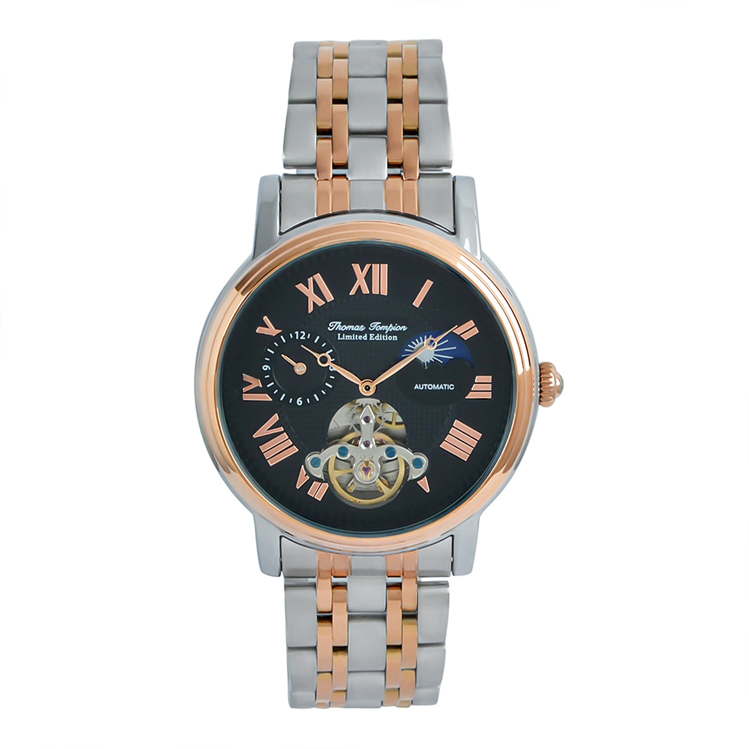 Thomas Tompion Automatic Movt. 3ATM WR Black Dial with Rose Gold Top Ring Mens Watch with Two Tone Stainless Steel Strap