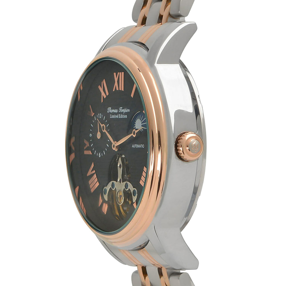 Thomas Tompion Automatic Movt. 3ATM WR Black Dial with Rose Gold Top Ring Mens Watch with Two Tone Stainless Steel Strap