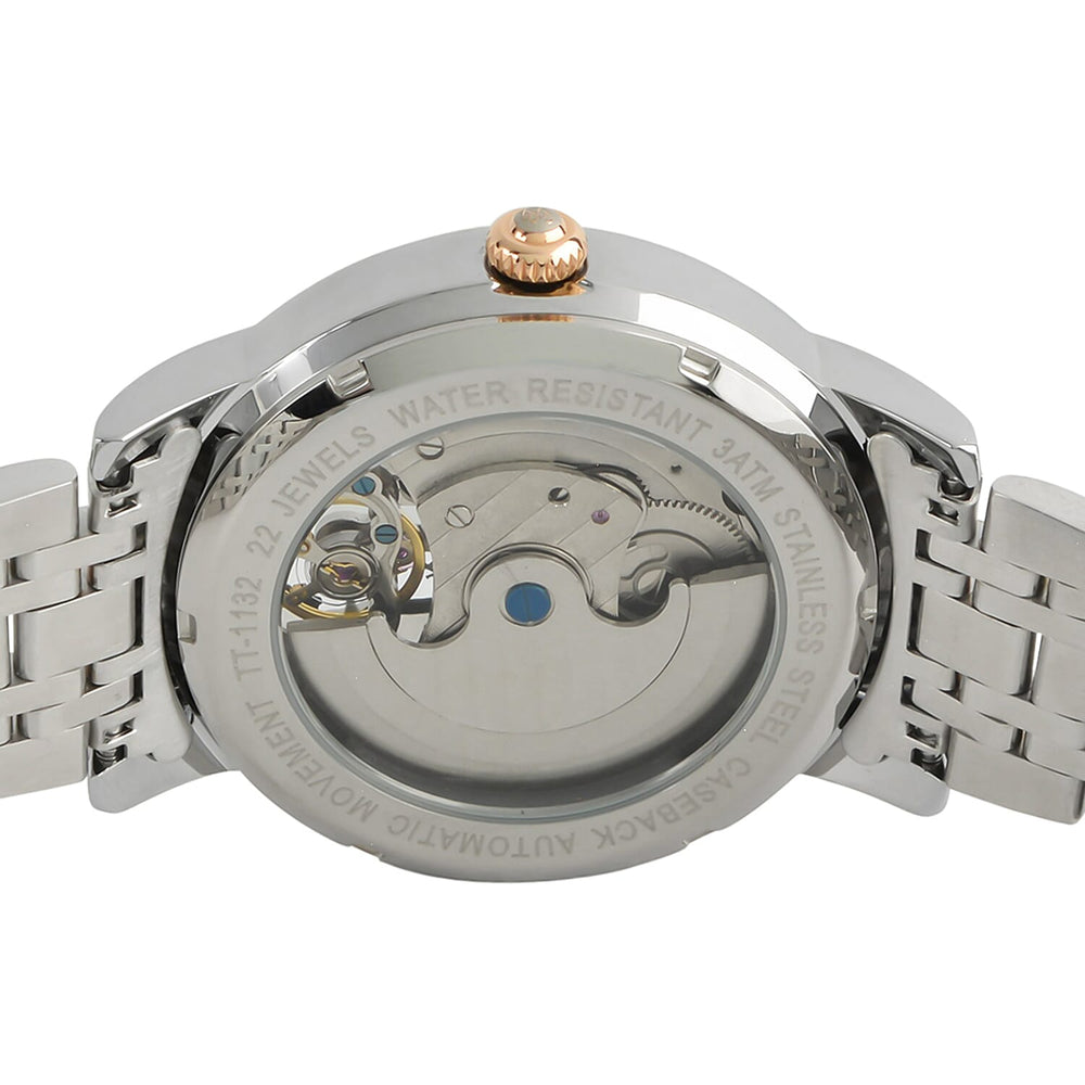 Thomas Tompion Automatic Movt. 3ATM WR Black Dial with Rose Gold Top Ring Mens Watch with Two Tone Stainless Steel Strap