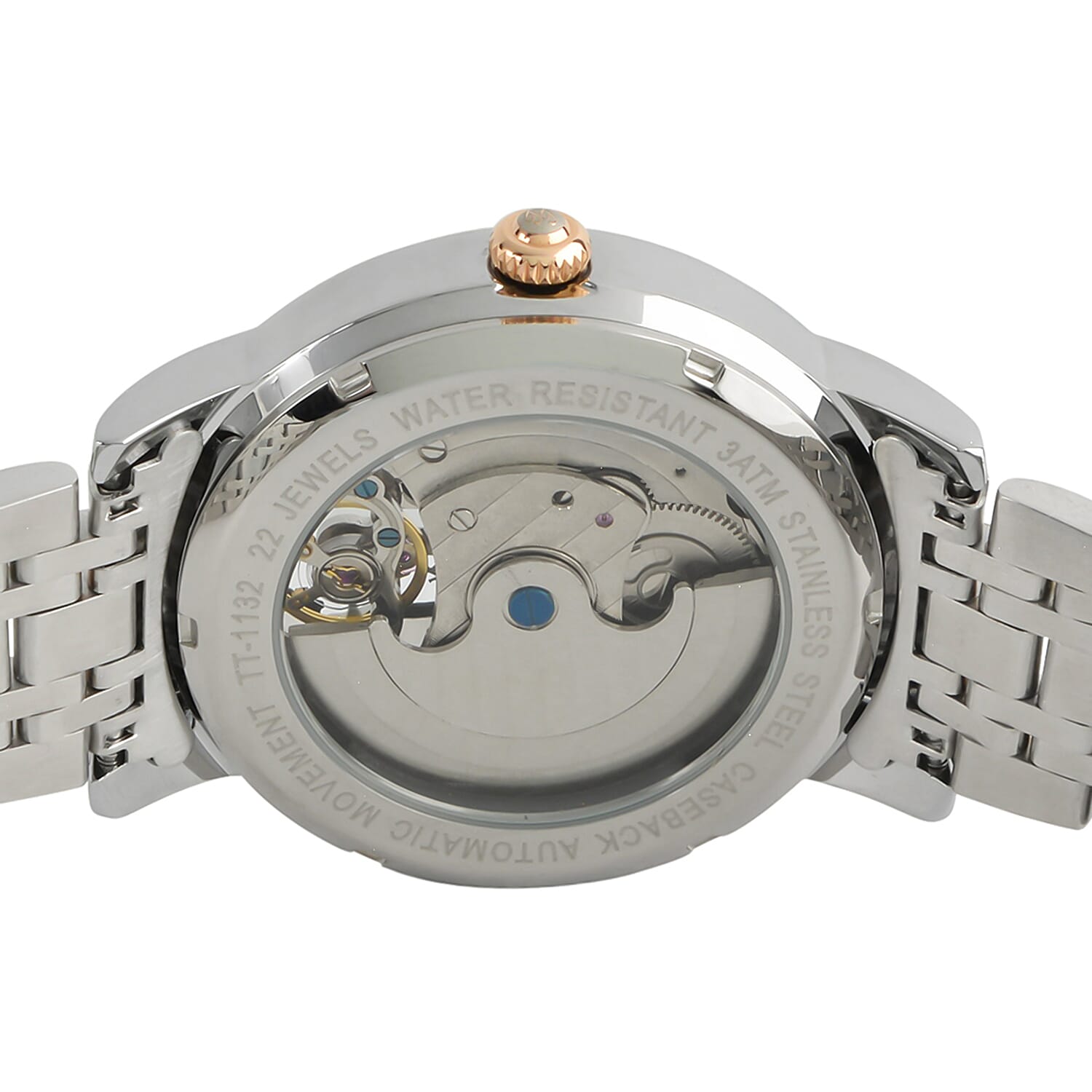 Thomas Tompion Automatic Movt. 3ATM WR Black Dial with Rose Gold Top Ring Mens Watch with Two Tone Stainless Steel Strap