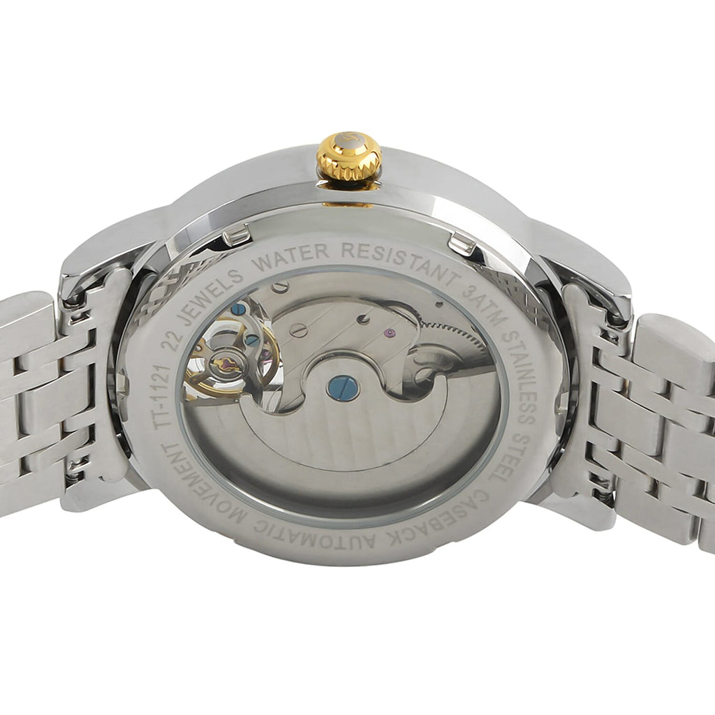 Thomas Tompion Automatic Movt. 3ATM WR Silver Dial with Gold Colour Top Ring Mens Watch with Two Tone Stainless Steel Strap